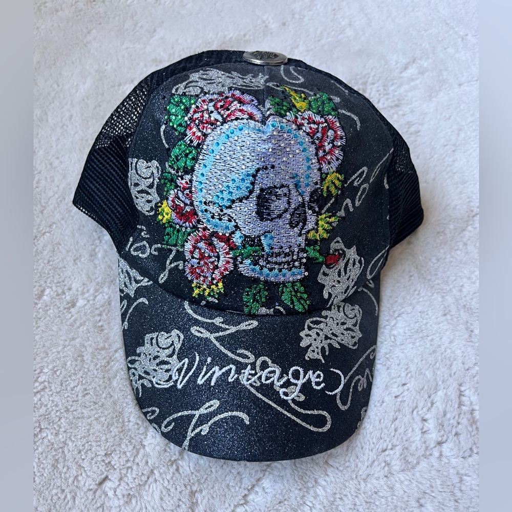 Vintage Skull, Flowers, and Rhinestone Trucker Hat - Picture 1 of 6